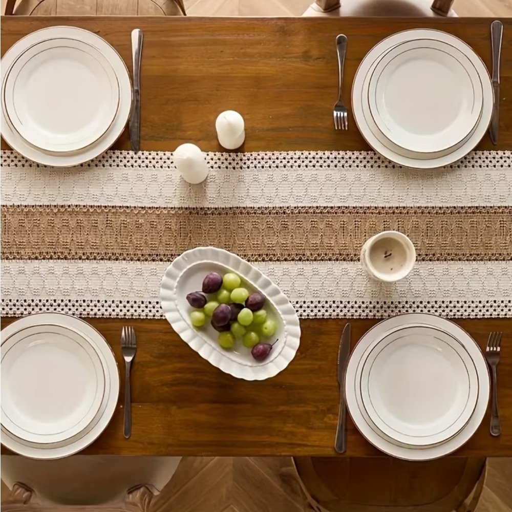 Neutral Boho Woven Table Runner with Fringe – Farmhouse Décor - Picture 3 of 7